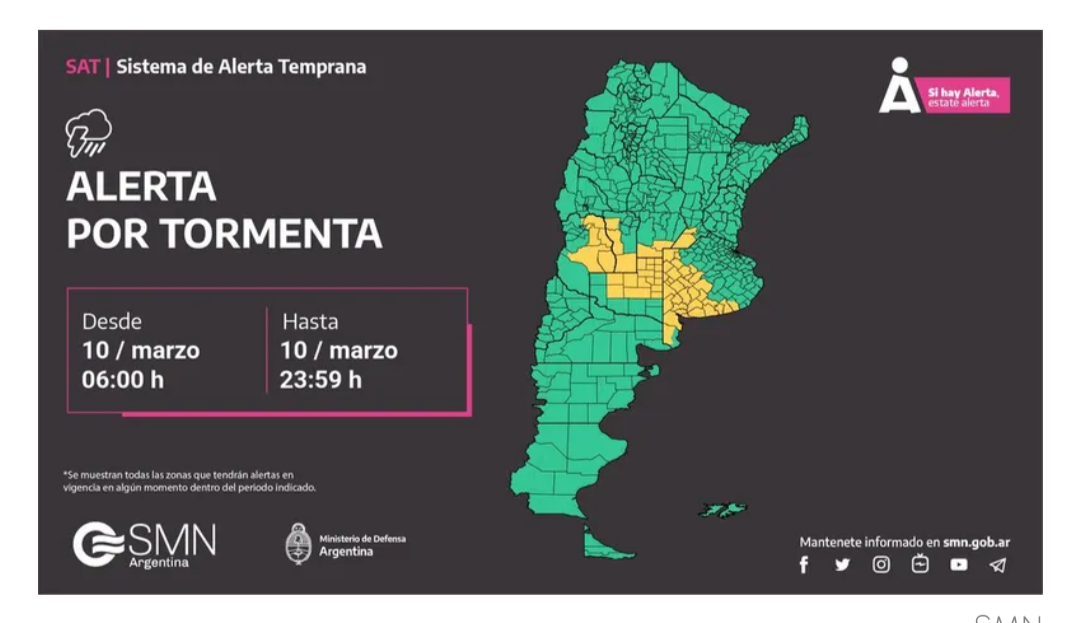 Alerta meteorológica por tormenta, granizo y ráfagas en 70 localidades argentinas