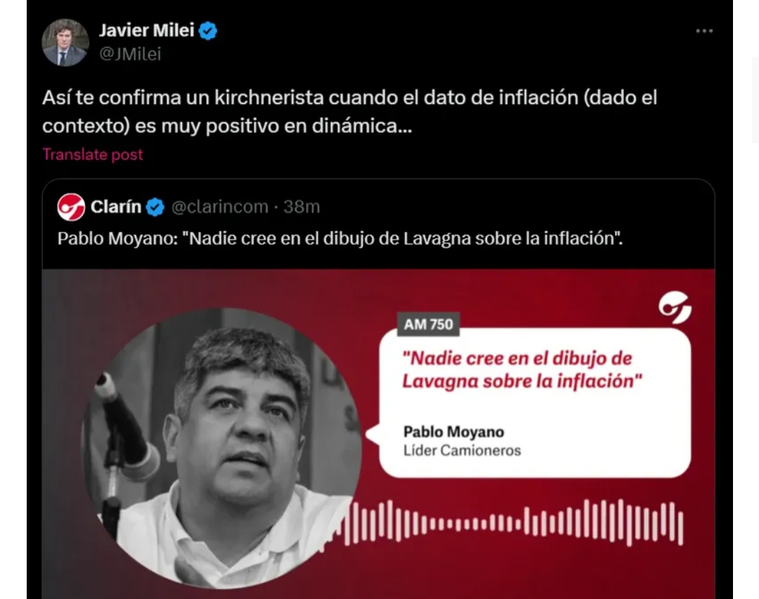 Javier Milei y Pablo Moyano se cruzaron por el dato de inflación de febrero